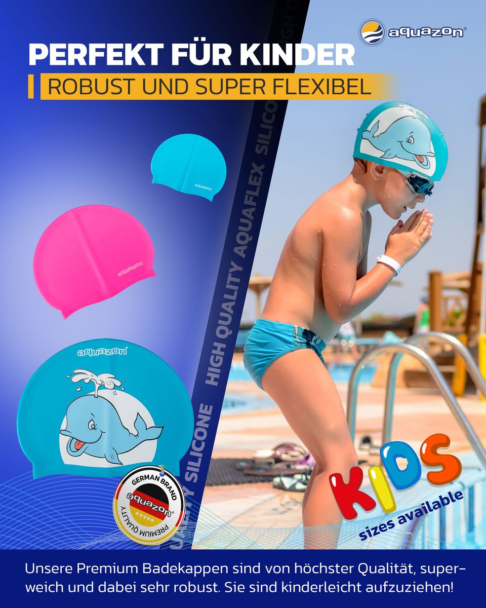 AQUAZON Premium Badekappe für Kinder, Jungen und Mädchen