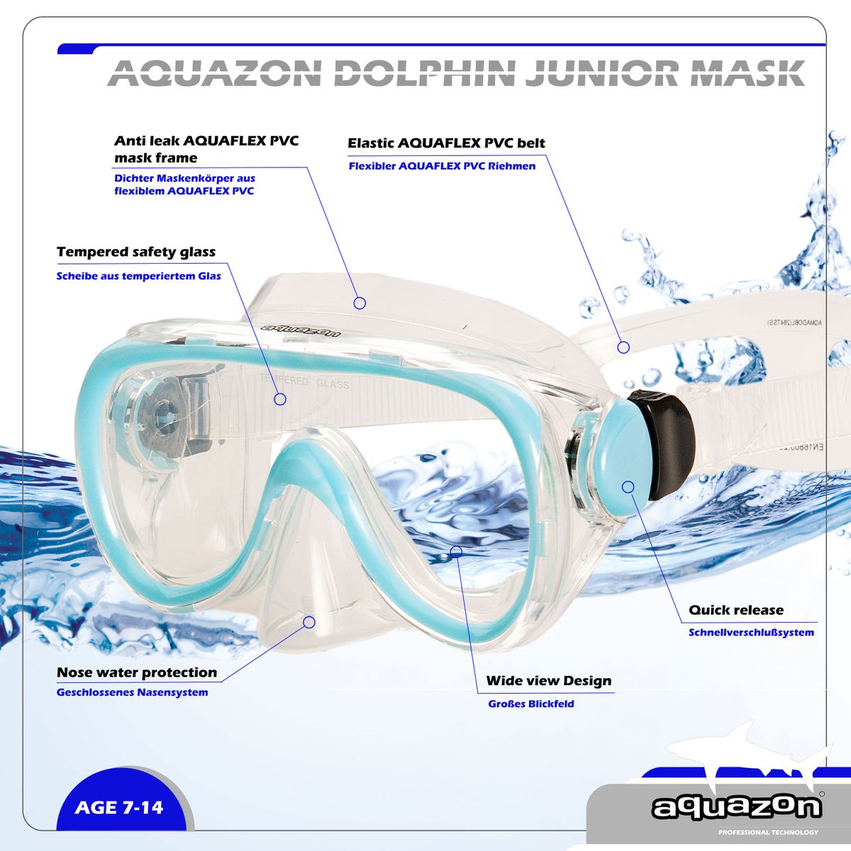 DOLPHIN, Schnorchelbrille für Kinder 7-12 Jahre, Tempered glas