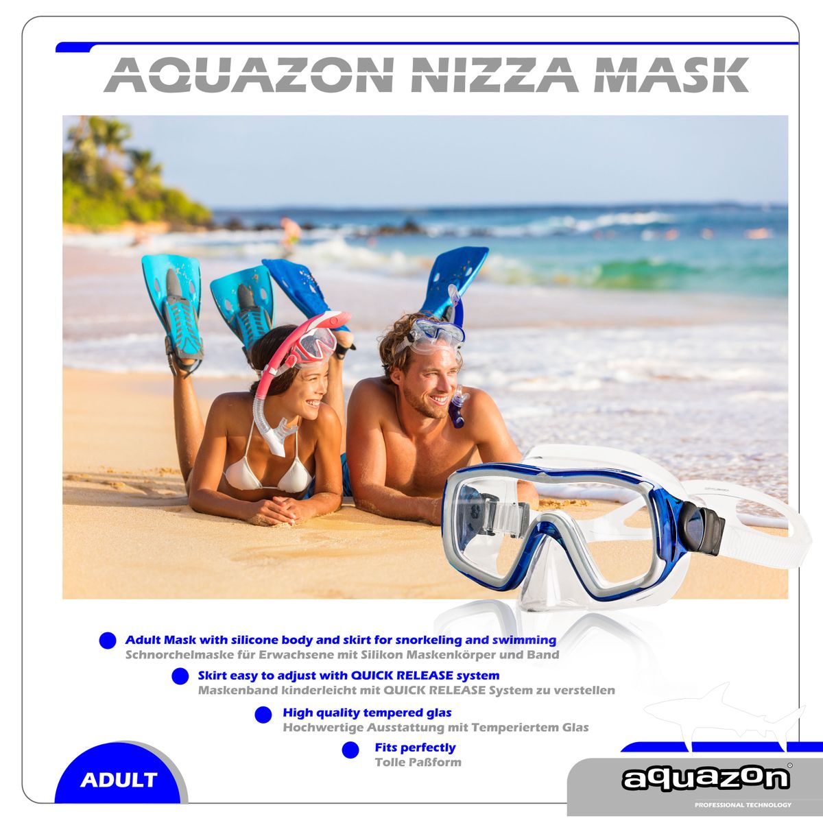 NIZZA, Schnorchelbrille für Erwachsene Tempered Glas, Silikon