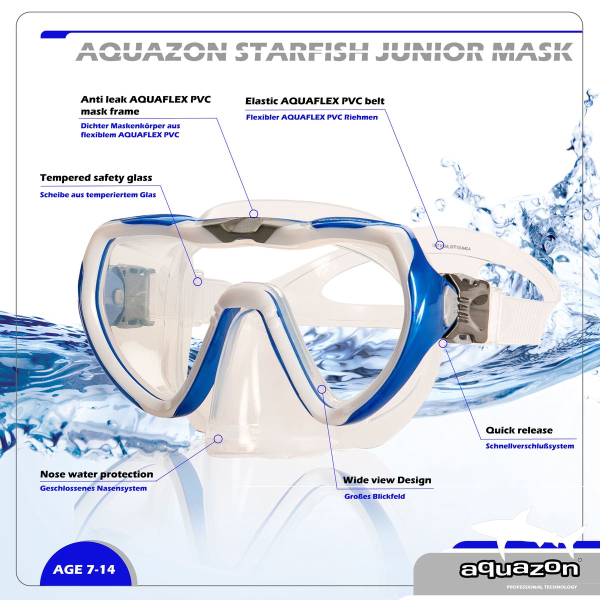 STARFISH Kinder Schnorchelbrille 7-12 Jahre mit innovativem Textil Kop –  aquazon®